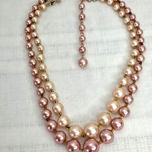 VINTAGE ~ PINK BLUSH PEARL ~ 2 STRAND FASHION NECKLACE - JAPAN 1930-40s - Picture 1 of 6